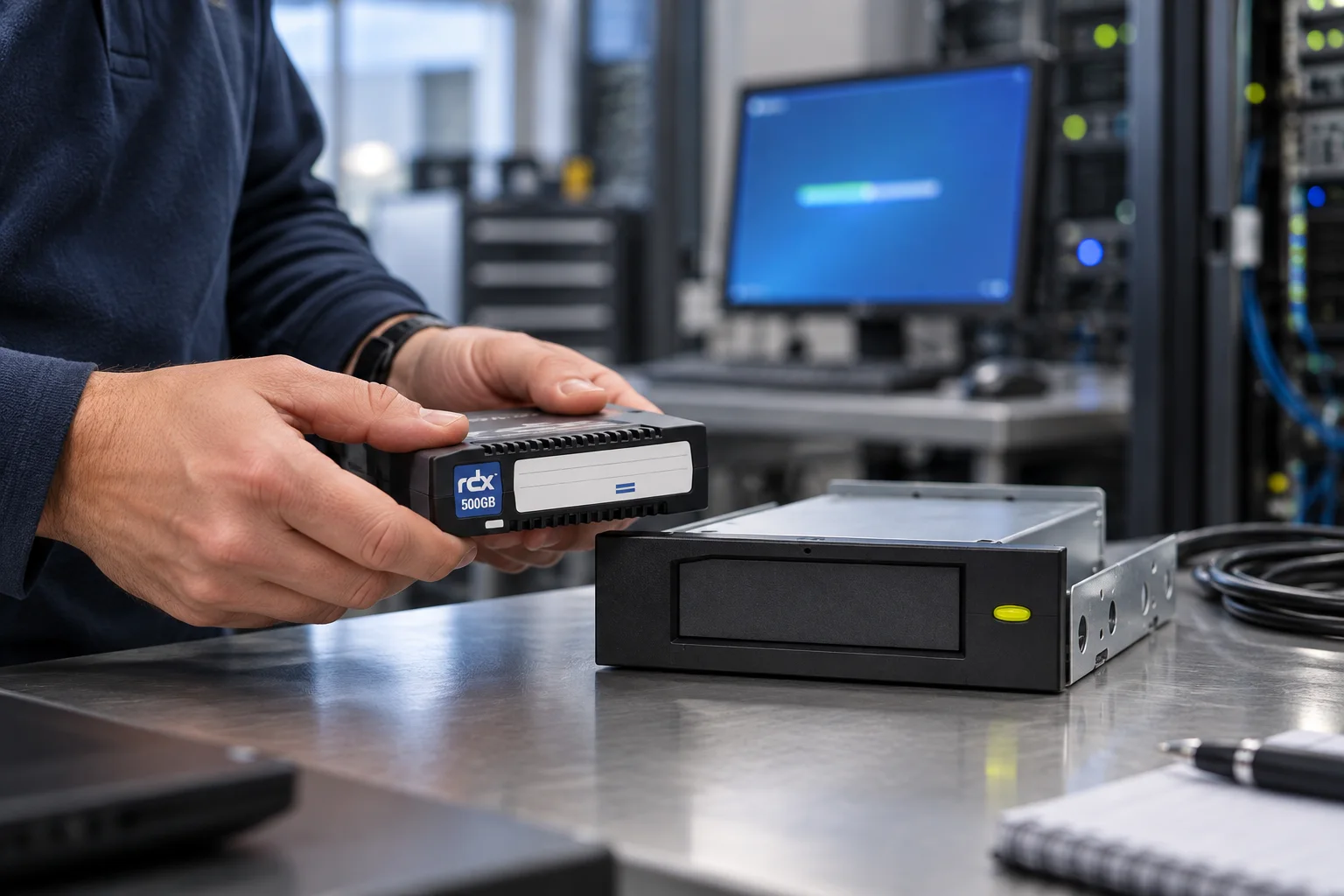 IT administrator handling an RDX cartridge beside a docking station in a server room.